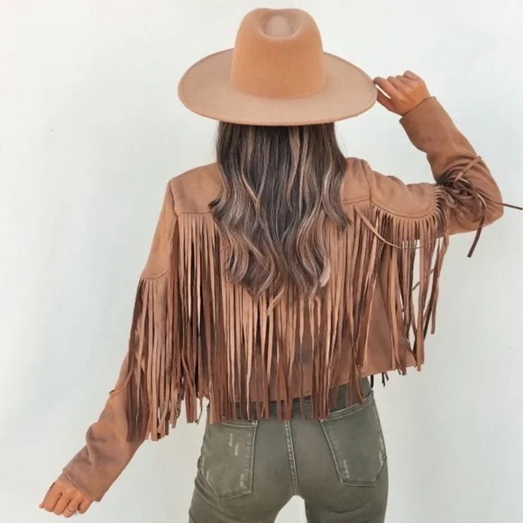 Faux suede women jacket zip blazer coat boho festioval fringe tops - Picture 3 of 6
